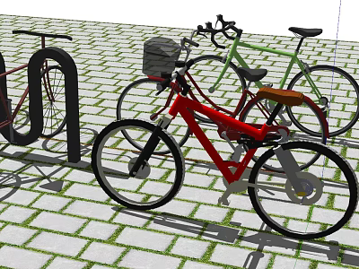 Parked Red and Green Bicycles on Brick Pavement with Bicycle Rack 3d model