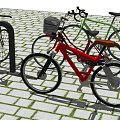 Parked Red and Green Bicycles on Brick Pavement with Bicycle Rack