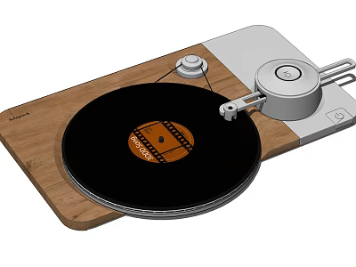 Headphone Audio Vinyl Record Player with Wooden Base Black Record Orange Label and Silver Tonearm 3d model