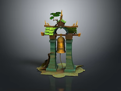 Traditional Asian Architectural Structure With Green Roof Golden Ornaments Bronze Bell And Tree Root Base 3d model