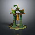 Traditional Asian Architectural Structure With Green Roof Golden Ornaments Bronze Bell And Tree Root Base