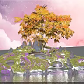 Dreamy Photo Check In Spot With Orange Tree Purple Green Plants Pink Clouds And Water