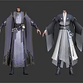 Ancient Style Robes In Dark Gray Blue And Gray White With Decorative Belts