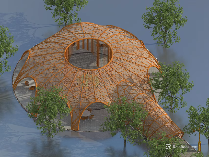Circular Orange Mesh Structure Garden Landscape With Surrounding Trees And Water Surface 3d model 