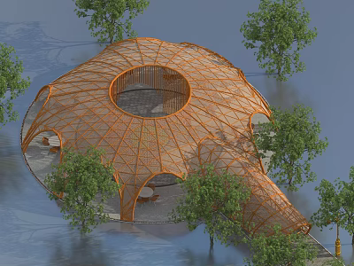Circular Orange Mesh Structure Garden Landscape With Surrounding Trees And Water Surface 3d model