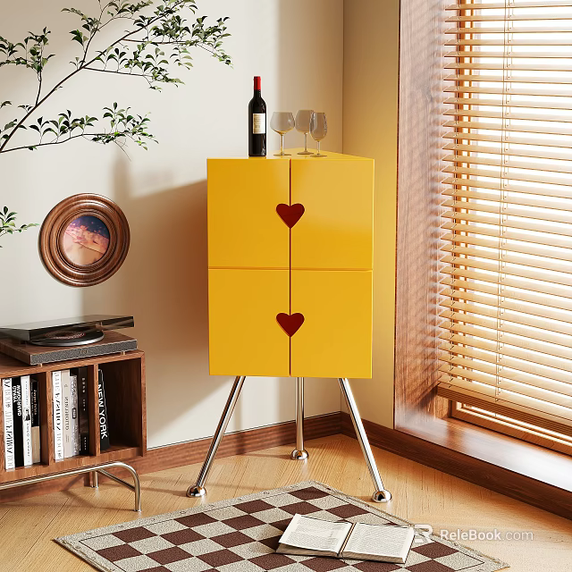 Yellow Entryway Cabinet Sideboard With Heart Patterns Silver Legs And Decorative Items By Window Blinds 3d model 