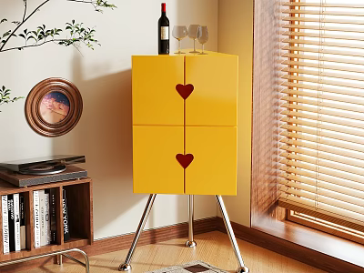 Yellow Entryway Cabinet Sideboard With Heart Patterns Silver Legs And Decorative Items By Window Blinds 3d model