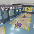 Indoor Basketball Gym Interior With Wooden Floor Yellow Logo Purple Areas And Motivational Wall Slogans