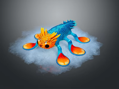 Vibrant Blue Fantasy Creature With Orange Claws Head And White Cloud Like Surroundings 3d model