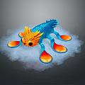 Vibrant Blue Fantasy Creature With Orange Claws Head And White Cloud Like Surroundings