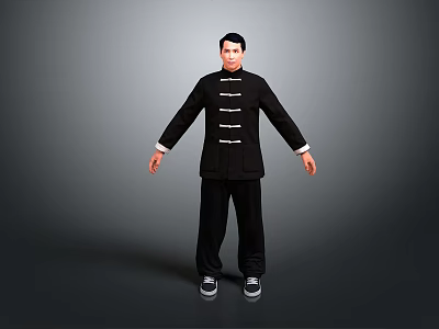 Man standing in black Chinese outfit with white buttons against gray background full body 3d model