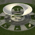 Modern Garden Landscape with White Tensile Membrane Structure Green Lawn Trees Stones and Seats