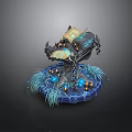 Intricate Fantasy Scene Component Featuring Blue Glowing Orbs Golden Accents And Grass Like Structures