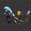 3D Rendered Axe Weapons In Various Colors With Wooden And Metal Parts