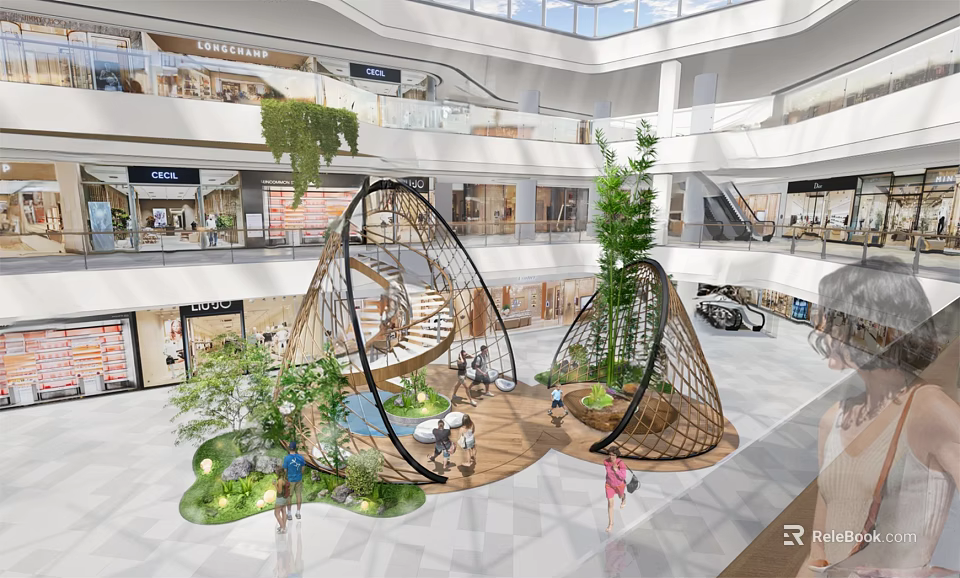 Modern Shopping Mall Exhibition Hall Interior With Spiral Staircase Green Plants And Water Pool 3d model 