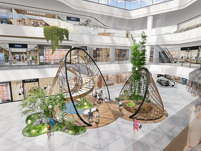 Modern Shopping Mall Exhibition Hall Interior With Spiral Staircase Green Plants And Water Pool 3d model