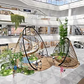 Modern Shopping Mall Exhibition Hall Interior With Spiral Staircase Green Plants And Water Pool