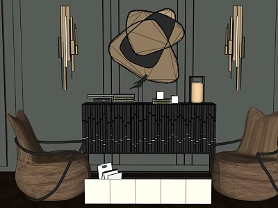 Entryway Console Table With Black Striped Design Brown Chairs Wall Sconces And Decorative Art 3d model