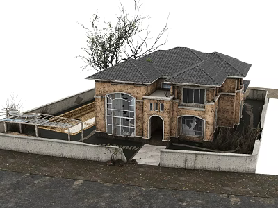 Classic Brick Detached Villa With Sloped Tile Roof Large Windows Front Tree And Fence Driveway 3d model