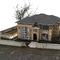 Classic Brick Detached Villa With Sloped Tile Roof Large Windows Front Tree And Fence Driveway