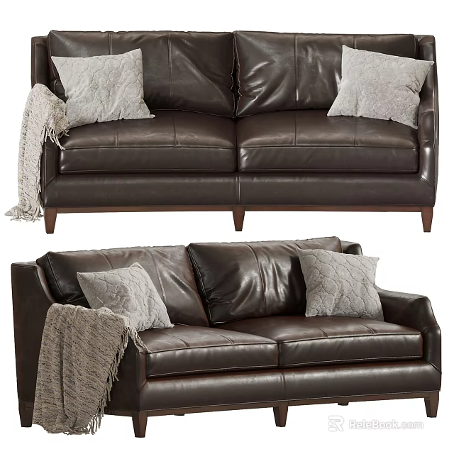 Brown Leather Two-Seat Sofa With Soft Pillows Knitted Blanket And Wooden Legs 3d model 