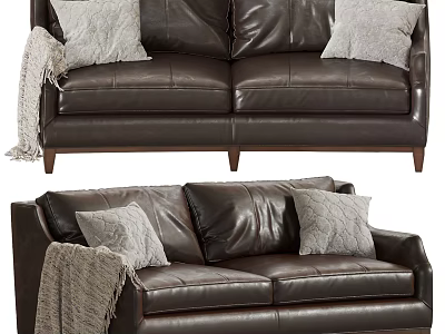 Brown Leather Two-Seat Sofa With Soft Pillows Knitted Blanket And Wooden Legs 3d model