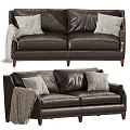 Brown Leather Two-Seat Sofa With Soft Pillows Knitted Blanket And Wooden Legs