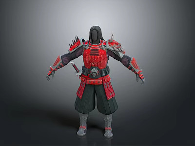 A Man In Red And Black Samurai Armor With Spiked Shoulders And Sword 3d model