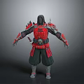 A Man In Red And Black Samurai Armor With Spiked Shoulders And Sword