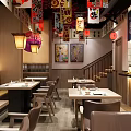 Japanese Restaurant Interior With Cherry Blossom Decor Lanterns Wave Murals And Wooden Tables Chairs