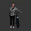 Blue Bicycle Featuring Front Light Rear Rack And Black Backpack With Man In Plaid Shirt
