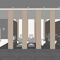 Elegant Modern Hotel Bathroom Interior With White Toilets Stall Partitions And Marble Flooring