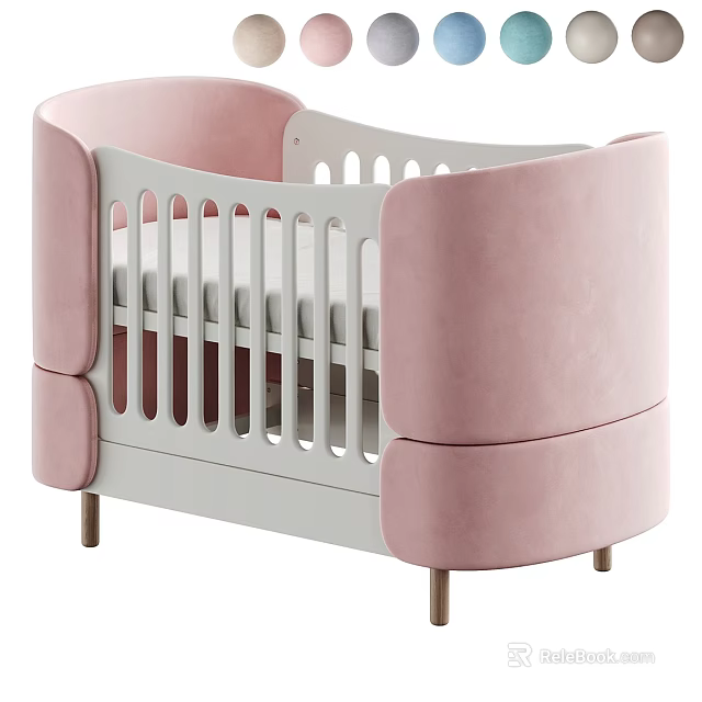 Modern Baby Crib With Pink Padded Sides White Railings And Wooden Legs 3d model 