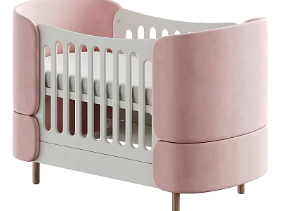 Modern Baby Crib With Pink Padded Sides White Railings And Wooden Legs 3d model