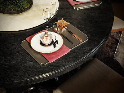 Elegant Dinnerware Set With Red Napkins White Plates And Metal Cutlery On Black Dining Table 3d model