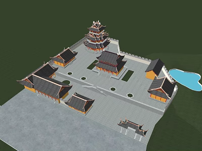 Ancient Chinese Architecture Complex With Traditional Pagoda Courtyard Overhanging Eaves And Pond 3d model