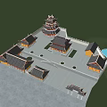 Ancient Chinese Architecture Complex With Traditional Pagoda Courtyard Overhanging Eaves And Pond