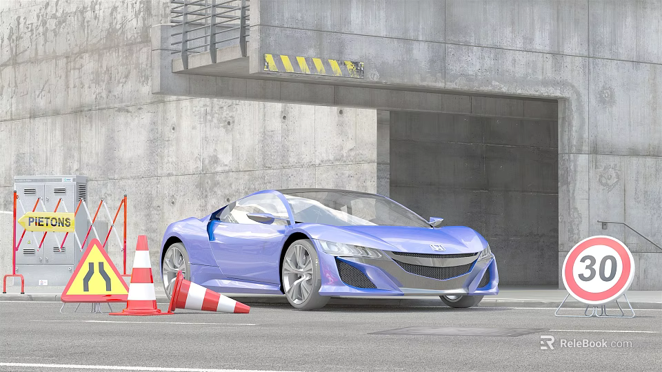 Blue Sports Car Parked In Front Of Concrete Garage With Traffic Cones And Road Signs 3d model 