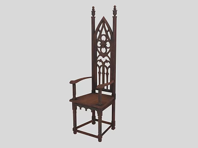 Gothic Style Wooden Armchair with High Carved Backrest Armrests and Ornate Design 3d model