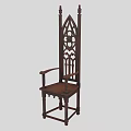 Gothic Style Wooden Armchair with High Carved Backrest Armrests and Ornate Design