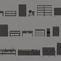 Modern Kitchen Equipment And Storage Units With Cabinets Shelves And Worktables 3d model