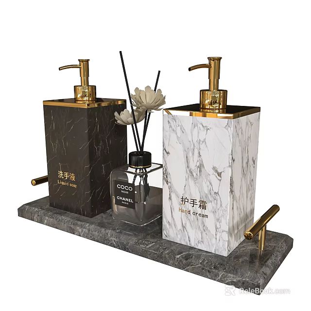 Marble Bathroom Accessories With Gold Pumps Hand Soap Hand Cream Bottles Fragrance Diffuser On Tray 3d model 