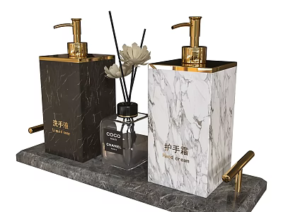 Marble Bathroom Accessories With Gold Pumps Hand Soap Hand Cream Bottles Fragrance Diffuser On Tray 3d model