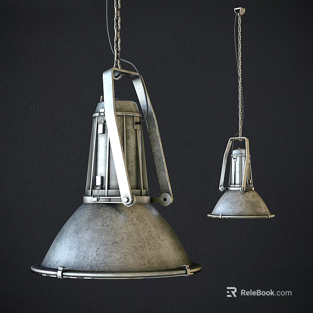 Two Industrial Metal Pendant Lights Hanging With Chain Against Dark Background 3d model 
