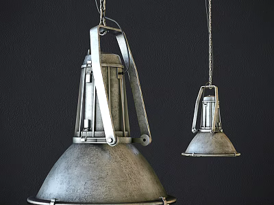 Two Industrial Metal Pendant Lights Hanging With Chain Against Dark Background 3d model