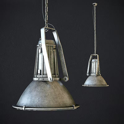 Two Industrial Metal Pendant Lights Hanging With Chain Against Dark Background 3d model