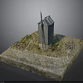 Detailed Windmill Model With Wooden Structure On Square Base And Grass Stones
