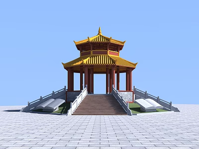 Traditional Chinese Pavilion With Yellow Roof Red Pillars Stone Stairs And Blue Sky Background 3d model