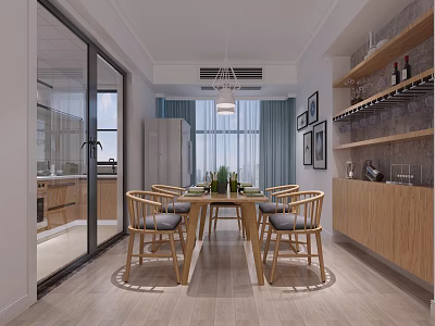Modern Living and Dining Room Interior With Wooden Dining Table Chairs Pendant Light And Cabinets 3d model