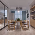 Modern Living and Dining Room Interior With Wooden Dining Table Chairs Pendant Light And Cabinets